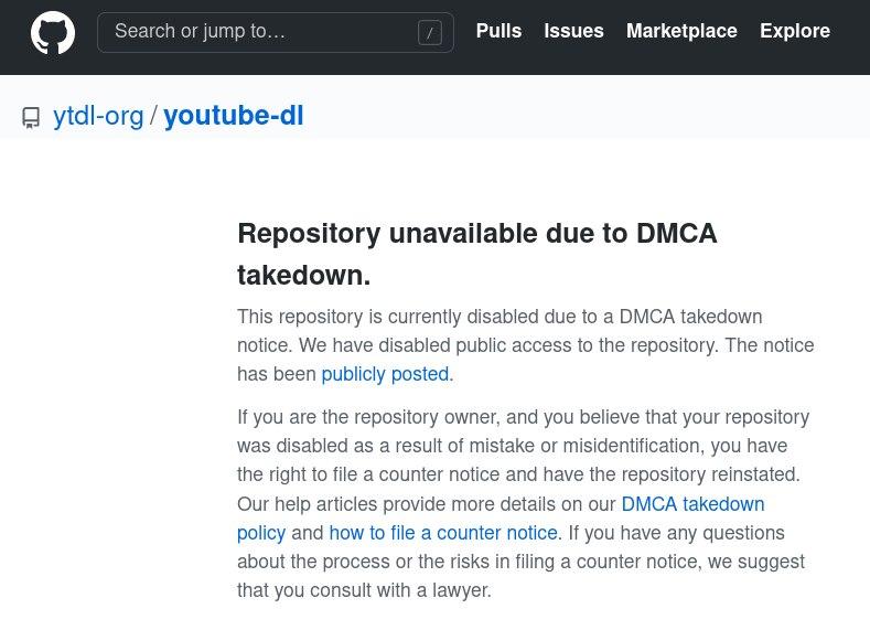 youtube-dl removed from GitHub